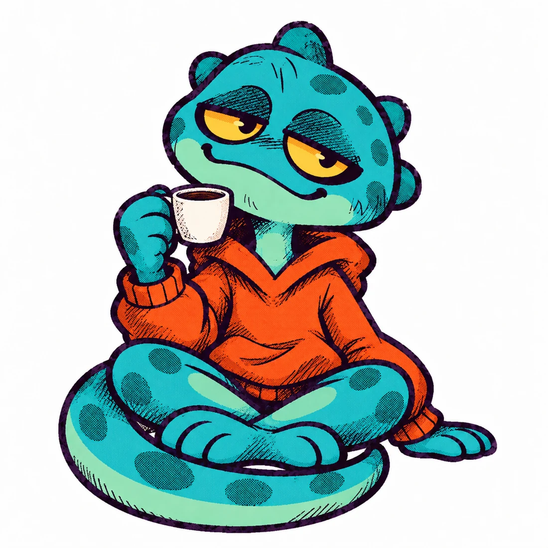 Smuggo sits cross-legged facing forward, holding a cup of coffee.