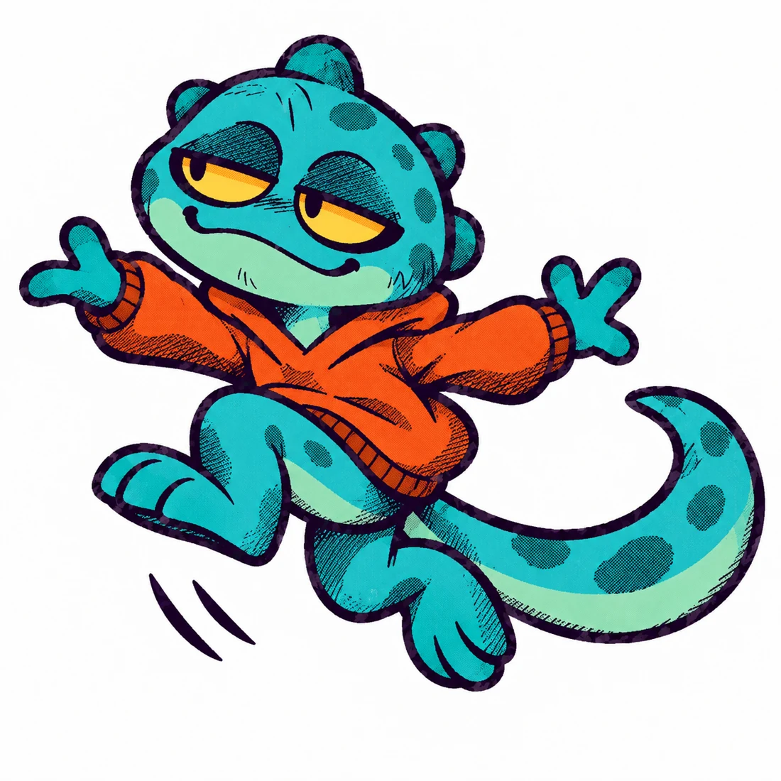 Smuggo springs sideways with arms wide and knees bent.