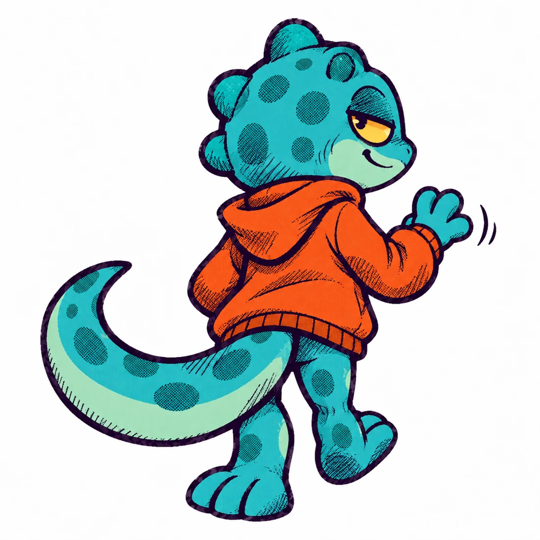 Smuggo walks away, seen from behind, looking over his right shoulder and waving.