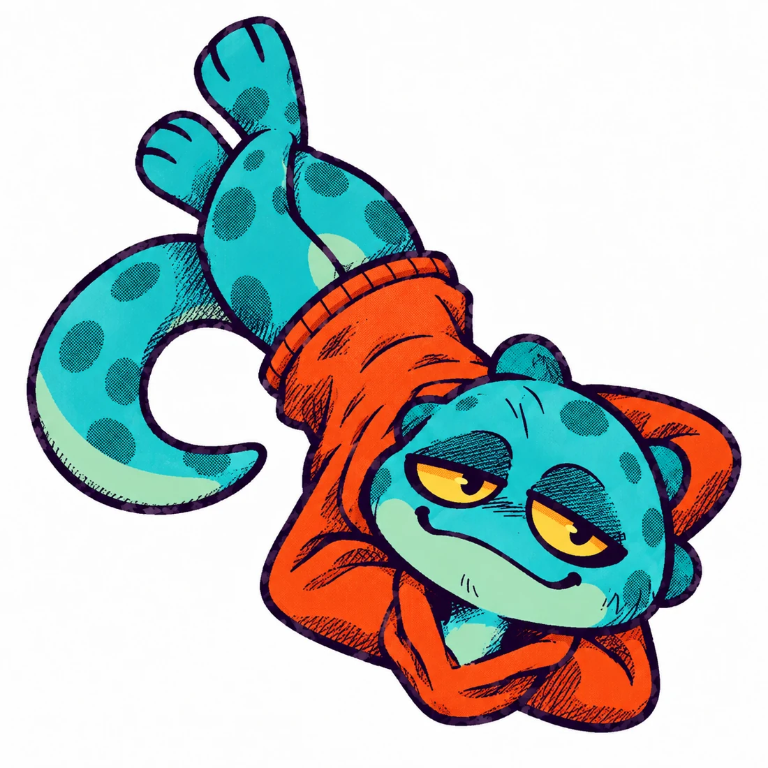 An overhead view of Smuggo stretched out on his back, arms behind his head.