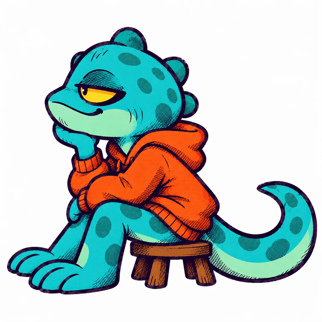 Smuggo sits facing left on a tiny stool, chin resting on his hand.